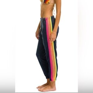 NEW Aviator Nation Sweatpants 5 Stripe Heather Navy/Neon Large Womens